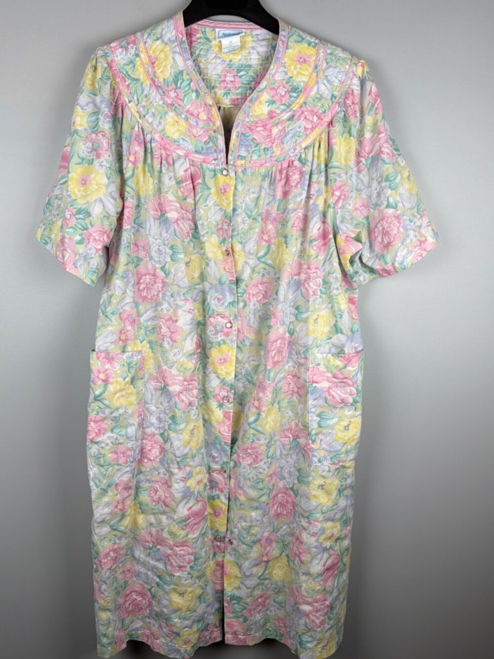 VTG National Housecoat Womens 3X Pink Floral Vintage Snap Front Coverup Robe